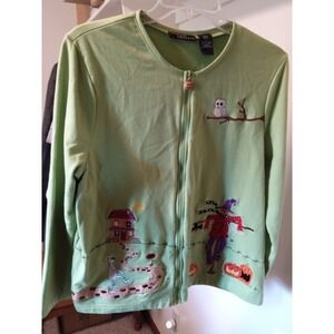 Onque Casuals Shirt Womens Large Halloween  Pumpkin Scarecrow Embroidery Zip L/S